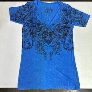 AFFLICTION Blue + Black Graphic Women's short sleeve top